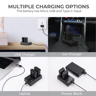  K&F Concept hordozható dupla USB-C akkumulátor MH-25 töltő + 2db EN-EL15 akkumulátor 2100mAh