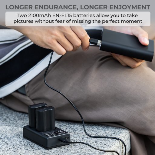 K&F Concept hordozható dupla USB-C akkumulátor MH-25 töltő + 2db EN-EL15 akkumulátor 2100mAh