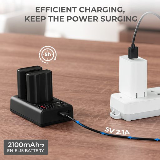 K&F Concept hordozható dupla USB-C akkumulátor MH-25 töltő + 2db EN-EL15 akkumulátor 2100mAh