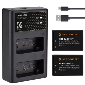   K&F Concept hordozható dupla USB-C akkumulátor LC-E17 töltő + 2db LP-E17 akkumulátor 1250mAh