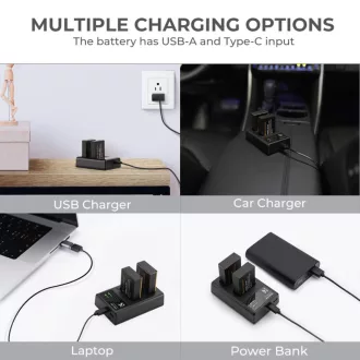   K&F Concept hordozható dupla USB-C akkumulátor LC-E17 töltő + 2db LP-E17 akkumulátor 1250mAh