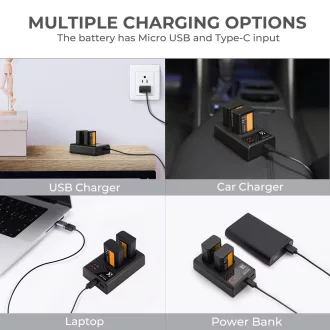   K&F Concept hordozható dupla USB-C akkumulátor BC-TRW töltő + 2db FW50 akkumulátor 1100mAh