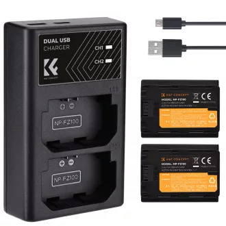   K&F Concept hordozható dupla USB-C akkumulátor BC-QZ1 töltő + 2db FZ100 akkumulátor 2280mAh