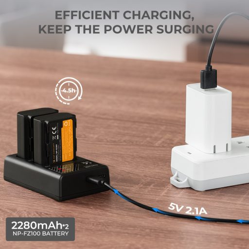 K&F Concept hordozható dupla USB-C akkumulátor BC-QZ1 töltő + 2db FZ100 akkumulátor 2280mAh