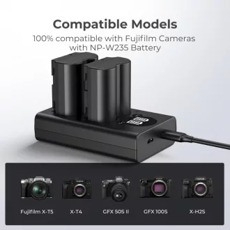   K&F Concept hordozható dupla NP-W235 akkumulátor töltő, LCD, USB-C, 2db NP-W235 akkumulátorhoz
