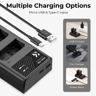   K&F Concept hordozható dupla USB-C akkumulátor MH-24 töltő + 2db EN-EL14 akkumulátor 1050mAh