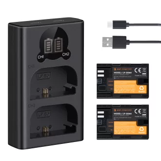   K&F Concept hordozható dupla USB-C akkumulátor LC-E6 töltő, LCD + 2db LP-E6NH akkumulátor 2250mAh
