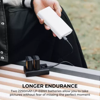   K&F Concept hordozható dupla USB-C akkumulátor LC-E6 töltő, LCD + 2db LP-E6NH akkumulátor 2250mAh