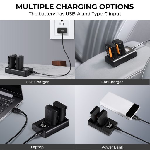 K&F Concept hordozható dupla USB-C akkumulátor LC-E6 töltő, LCD + 2db LP-E6NH akkumulátor 2250mAh