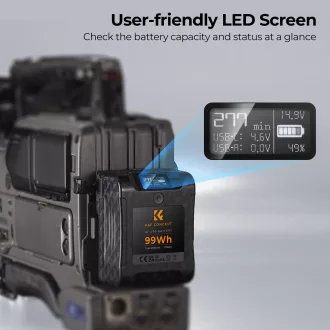   K&F Concept V-Mount akkumulátor, 99Wh, 14.8V, 6700mAH, PD65W, oled kijelző