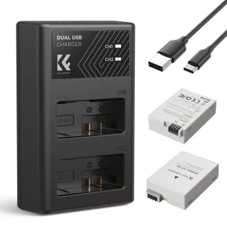   K&F Concept hordozható dupla USB-C akkumulátor LC-E12E töltő + 2db LP-E8 akkumulátor 1250mAh