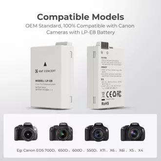   K&F Concept hordozható dupla USB-C akkumulátor LC-E12E töltő + 2db LP-E8 akkumulátor 1250mAh