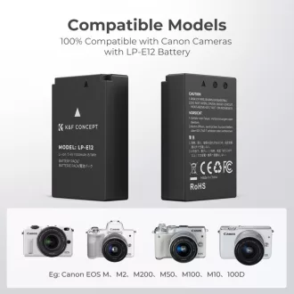   K&F Concept hordozható dupla USB-C akkumulátor LC-E12 töltő + 2db LP-E12 akkumulátor 1100mAh