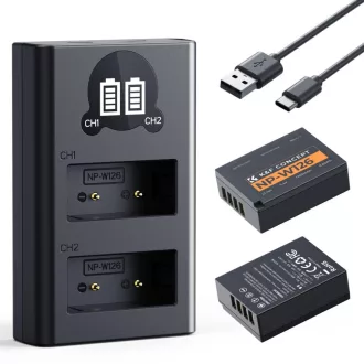   K&F Concept hordozható dupla USB-C akkumulátor BC-W126 töltő + 2db NP-W126 akkumulátor 1300mAh V1