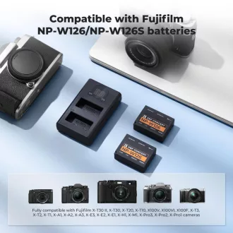   K&F Concept hordozható dupla USB-C akkumulátor BC-W126 töltő + 2db NP-W126 akkumulátor 1300mAh V1