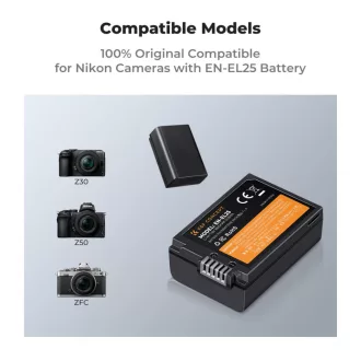   K&F Concept hordozható dupla USB-C akkumulátor MH-32 töltő, LCD + 2db EN-EL25 akkumulátor 1600mAh