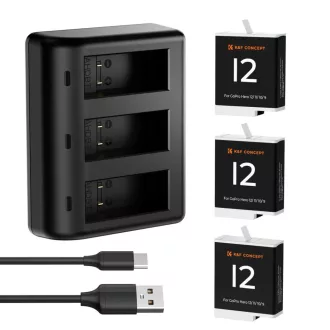   K&F Concept hordozható tripla USB-C akkumulátor töltő +3db GoPro Hero 12/11/10/9 akkumulátor 1730mAh