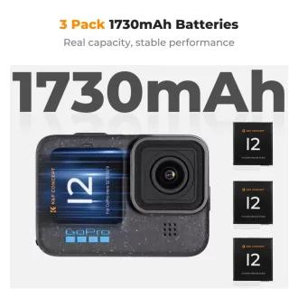   K&F Concept hordozható tripla USB-C akkumulátor töltő +3db GoPro Hero 12/11/10/9 akkumulátor 1730mAh