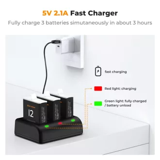   K&F Concept hordozható tripla USB-C akkumulátor töltő +3db GoPro Hero 12/11/10/9 akkumulátor 1730mAh