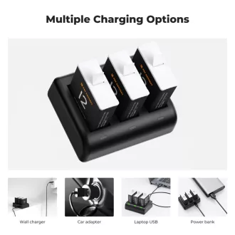   K&F Concept hordozható tripla USB-C akkumulátor töltő +3db GoPro Hero 12/11/10/9 akkumulátor 1730mAh