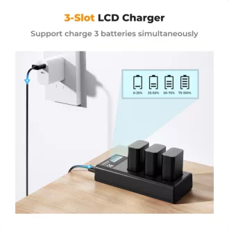   K&F Concept hordozható tripla USB-C akkumulátor BC-TRW töltő, LCD + 3db FW50 akkumulátor 1100mAh