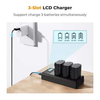   K&F Concept hordozható tripla USB-C akkumulátor BC-QZ1 töltő, LCD + 3db FZ100 akkumulátor 2280mAh