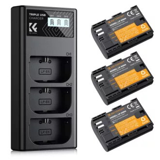   K&F Concept hordozható tripla USB-C akkumulátor LC-E6NH töltő, LCD + 3db LP-E6NH akkumulátor 2250mAh