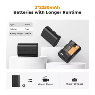   K&F Concept hordozható tripla USB-C akkumulátor LC-E6NH töltő, LCD + 3db LP-E6NH akkumulátor 2250mAh
