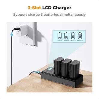   K&F Concept hordozható tripla USB-C akkumulátor LC-E6NH töltő, LCD + 3db LP-E6NH akkumulátor 2250mAh
