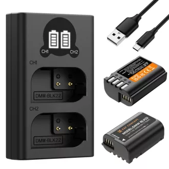   K&F Concept hordozható dupla USB-C akku DMW-BLK22 töltő, LCD + 2db DMW-BLK22 akkumulátor 2400mAh