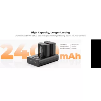   K&F Concept hordozható dupla USB-C akku DMW-BLK22 töltő, LCD + 2db DMW-BLK22 akkumulátor 2400mAh