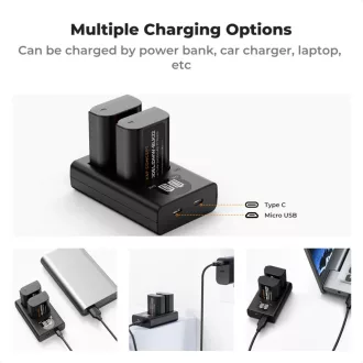   K&F Concept hordozható dupla USB-C akku DMW-BLK22 töltő, LCD + 2db DMW-BLK22 akkumulátor 2400mAh