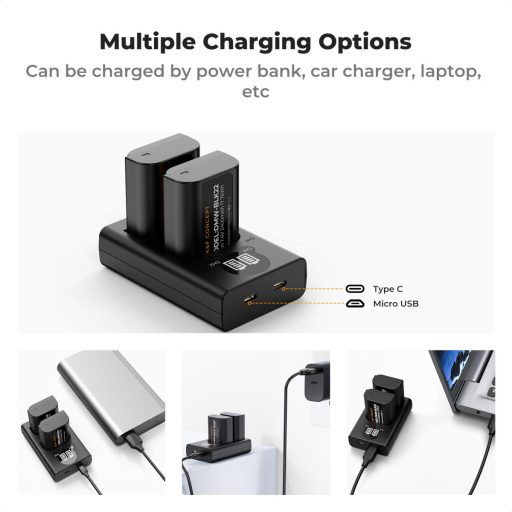 K&F Concept hordozható dupla USB-C akku DMW-BLK22 töltő, LCD + 2db DMW-BLK22 akkumulátor 2400mAh
