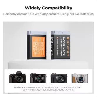   K&F Concept hordozható dupla USB-C akkumulátor CB-2LHE töltő, LCD + 2db NB-13L akkumulátor 1250mAh