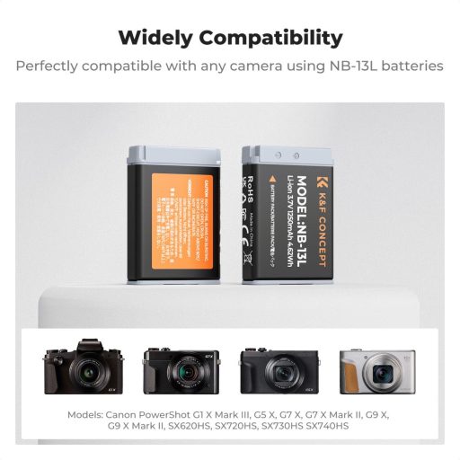 K&F Concept hordozható dupla USB-C akkumulátor CB-2LHE töltő, LCD + 2db NB-13L akkumulátor 1250mAh