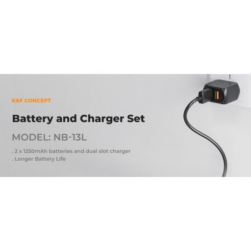 K&F Concept hordozható dupla USB-C akkumulátor CB-2LHE töltő, LCD + 2db NB-13L akkumulátor 1250mAh