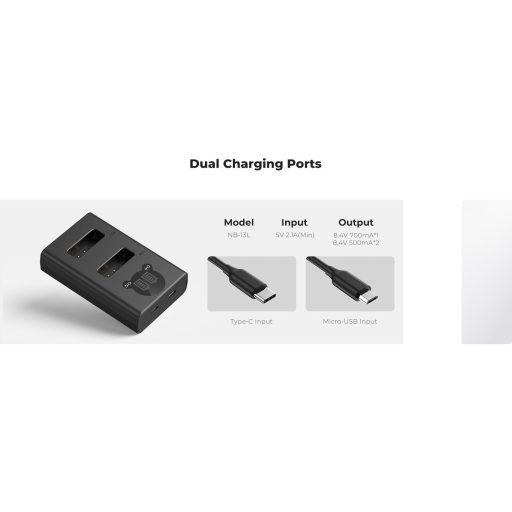 K&F Concept hordozható dupla USB-C akkumulátor CB-2LHE töltő, LCD + 2db NB-13L akkumulátor 1250mAh