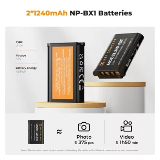   K&F Concept hordozható dupla USB-C akkumulátor NP-BX1 töltő, LCD + 2db NP-BX1 akkumulátor 1240mAh
