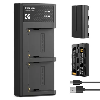   K&F Concept hordozható dupla USB-C akkumulátor NP-F550 töltő + 2db NP-F550 akkumulátor 2600mAh