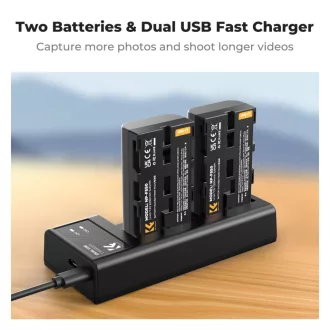   K&F Concept hordozható dupla USB-C akkumulátor NP-F550 töltő + 2db NP-F550 akkumulátor 2600mAh