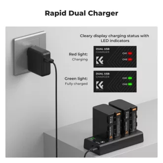   K&F Concept hordozható dupla USB-C akkumulátor NP-F970 töltő + 2db NP-F970 akkumulátor 6600mAh