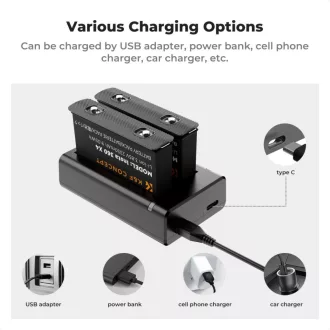   K&F Concept hordozható dupla USB-C akkumulátor töltő + 2db Insta 360 X4 akkumulátor 2350mAh