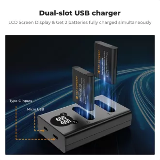   K&F Concept hordozható dupla USB-C akkumulátor BJ-11 töltő, LCD + 2db DB-110 akkumulátor 1100mAh