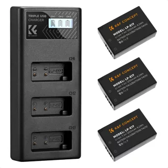   K&F Concept hordozható tripla USB-C akkumulátor LC-E17 töltő, LCD + 3db LP-E17 akkumulátor 1250mAh