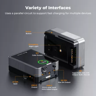   K&F Concept V-Mount Mini Pro akkumulátor, 50Wh, 3400mAh, 65W töltés, D-TAP, BP, DC, TFT kijelző