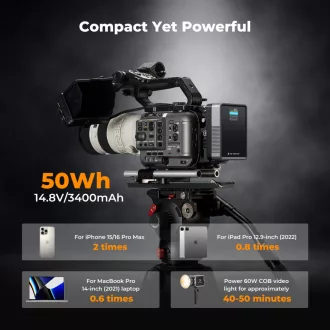   K&F Concept V-Mount Mini Pro akkumulátor, 50Wh, 3400mAh, 65W töltés, D-TAP, BP, DC, TFT kijelző