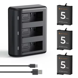   K&F Concept hordozható tripla USB-C akkumulátor töltő +3db DJI Osmo Action 5 Pro/4/3 akku 2100mAh