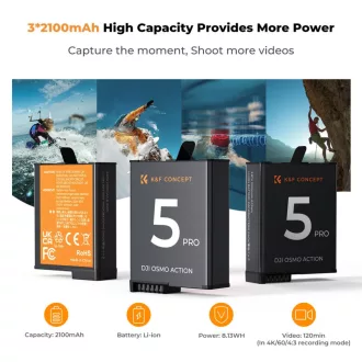  K&F Concept hordozható tripla USB-C akkumulátor töltő +3db DJI Osmo Action 5 Pro/4/3 akku 2100mAh