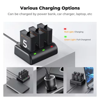   K&F Concept hordozható tripla USB-C akkumulátor töltő +3db DJI Osmo Action 5 Pro/4/3 akku 2100mAh