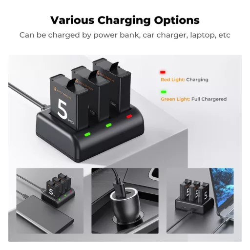 K&F Concept hordozható tripla USB-C akkumulátor töltő +3db DJI Osmo Action 5 Pro/4/3 akku 2100mAh